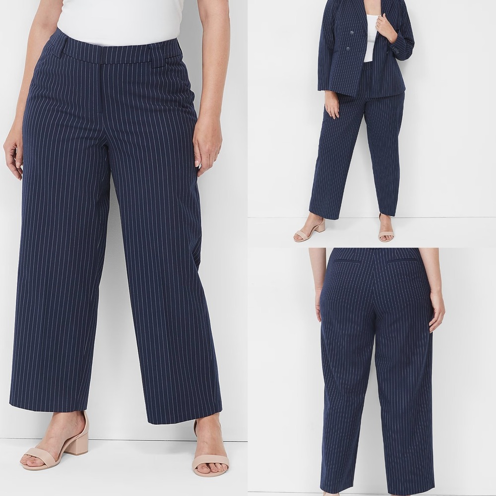 Lane Bryant Ankle Pants Womens 18 Navy Blue Pinstripe Flat Front Modern Wide Leg
